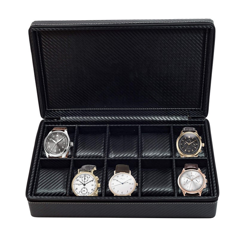 TIMELYBUYS 10 Watch Briefcase Black Carbon Fiber Zippered Travel Storage Case 50MM Father's Day - Image 1